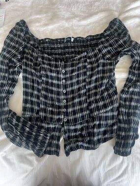 Hollister Black and White Plaid Off-Shoulder Button-Down Top